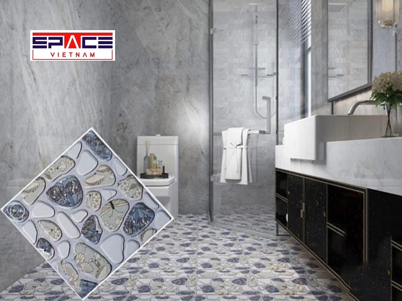 Mẫu gạch hình sỏi màu trung tính lát nền nhà tắm