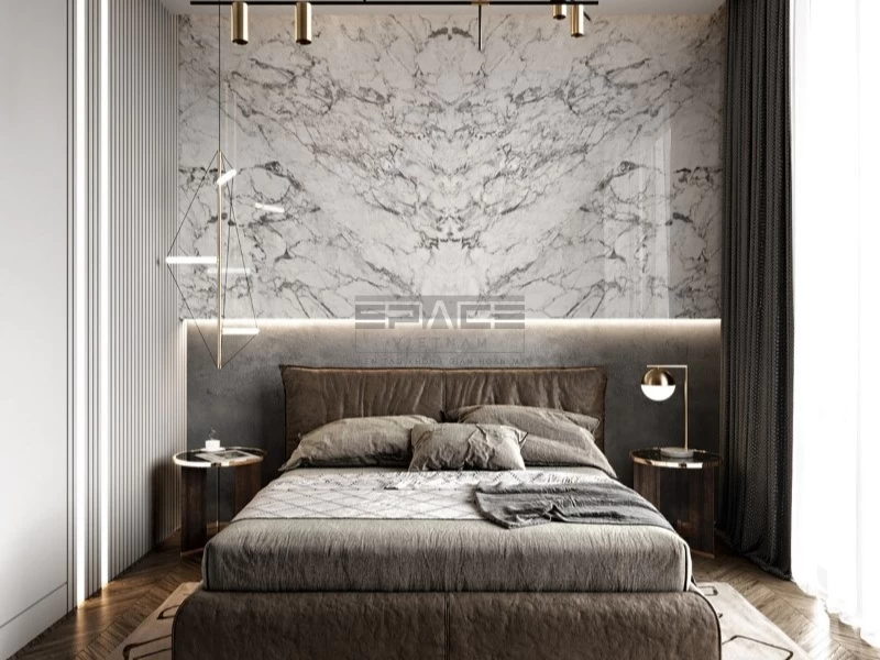 mẫu gạch ốp tường phòng ngủ nhỏ vân đá