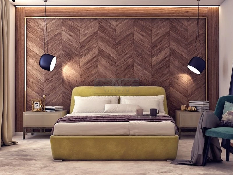 mẫu gạch ốp tường phòng ngủ nhỏ vân giả gỗ