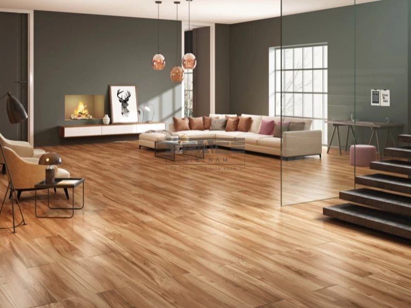 Mẫu gạch trang trí phòng khách vân gỗ