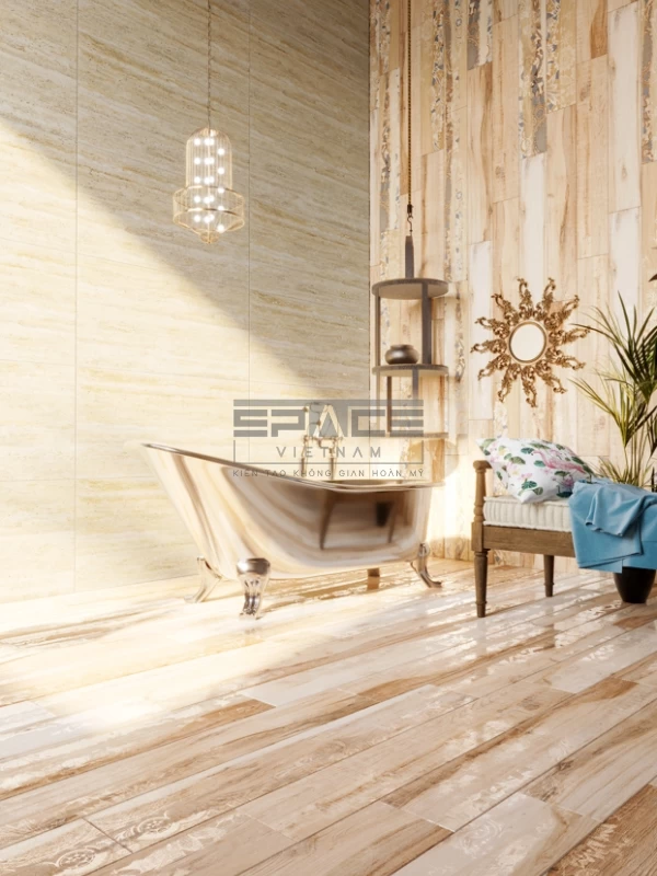 Mẫu gạch vân gỗ lát nền phòng tắm sang trọng