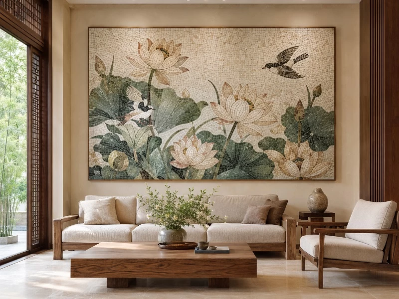 Tranh đá Mosaic hoa lá và chim muông
